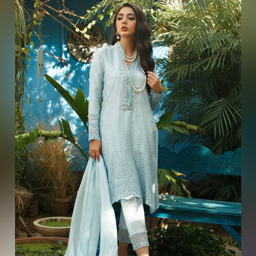 Farah Talib Aziz Daphne Shirt, Trouser and Dupatta in Ice Blue Size Medium